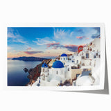 Rolled print of Santorini landscape with vibrant blue and white tones, ideal for art wall dining room.