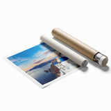 Extra large rolled print of Santorini scenery, featuring vibrant blue and white tones, ideal for classy bathroom wall art.