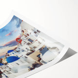 Extra large rolled print of Santorini scenery with blue and white tones, ideal for large living room wall art.