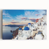 Black and white photo of Santorini on stretched canvas, ideal for kitchen wall art.