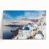 Black and white large art print of Santorini scenery on stretched canvas, ideal for kitchen wall art.