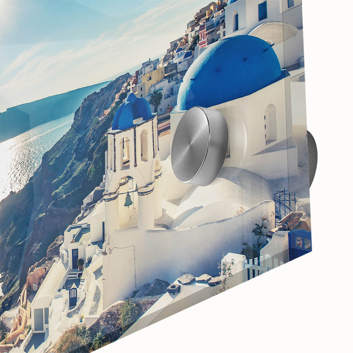 Acrylic print of a large abstract depiction of a European scenery in Greece, with muted earth tones.