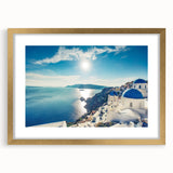 Abstract art print of a European Greek scenery in muted earth tones, framed in gold, ideal for dining room decor.