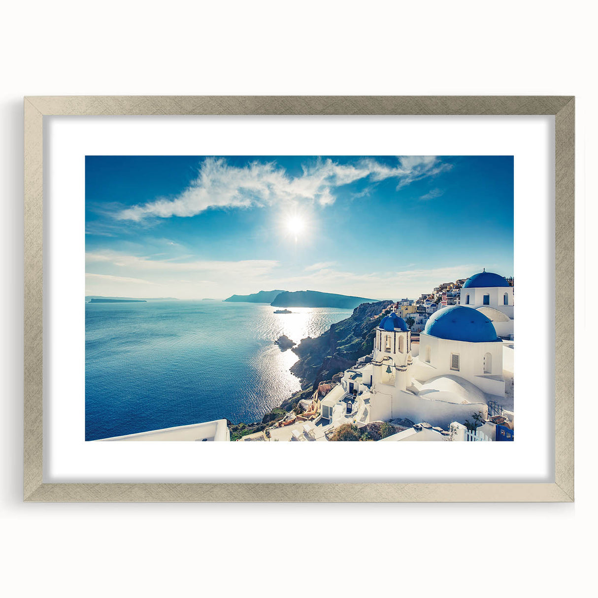 Extra large abstract art print of a European landscape in muted earth tones, framed in silver, ideal for living room decor.