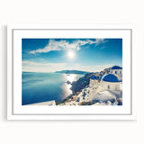 Textured abstract art print depicting a European Greek landscape in cool blue and white tones, framed with a white mat.