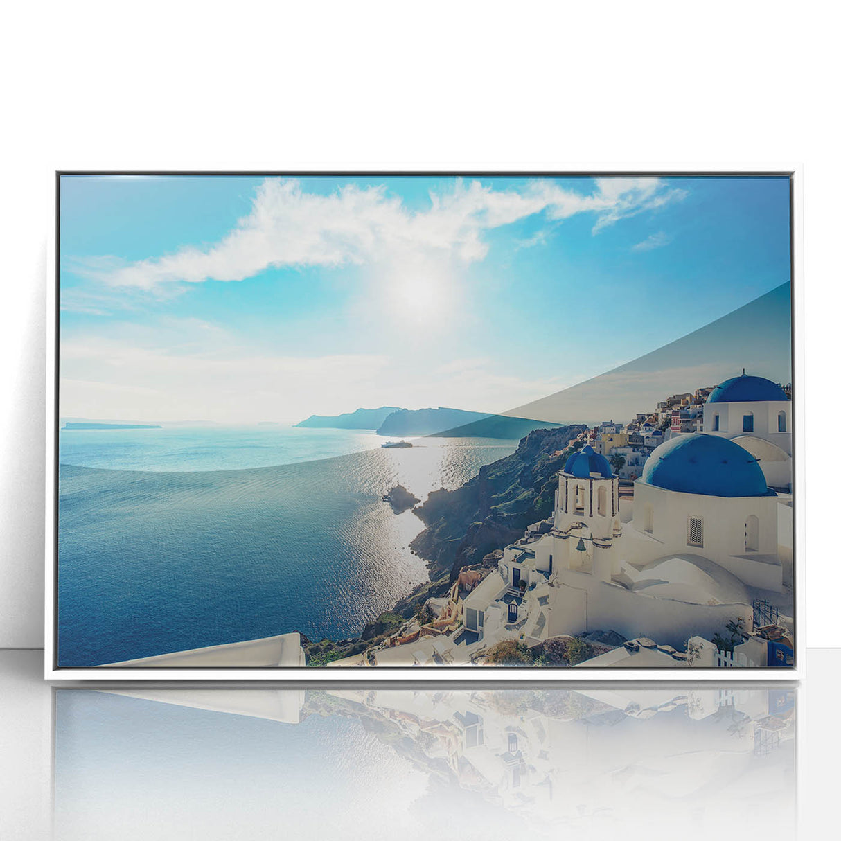 Acrylic print of a European Greek landscape in pastel shades, framed in white, ideal for nursery wall art.