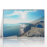 Acrylic print of a European Greek landscape in pastel shades, framed in white, ideal for nursery wall art.