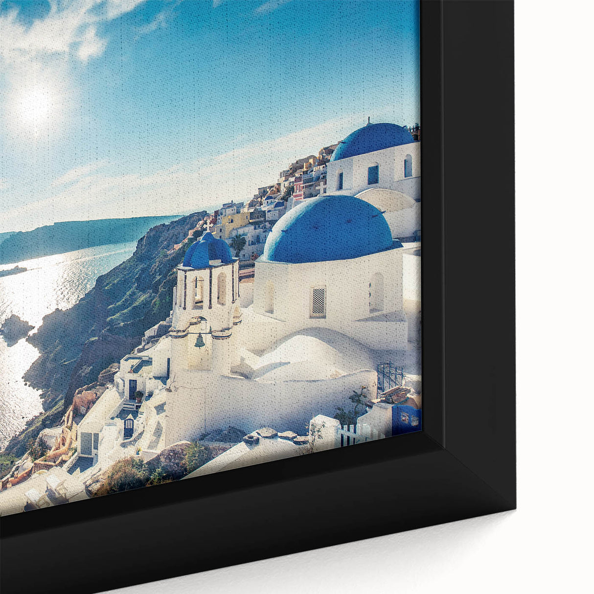 Extra large framed canvas featuring a textured depiction of a Greek landscape in vibrant, colorful art tones.