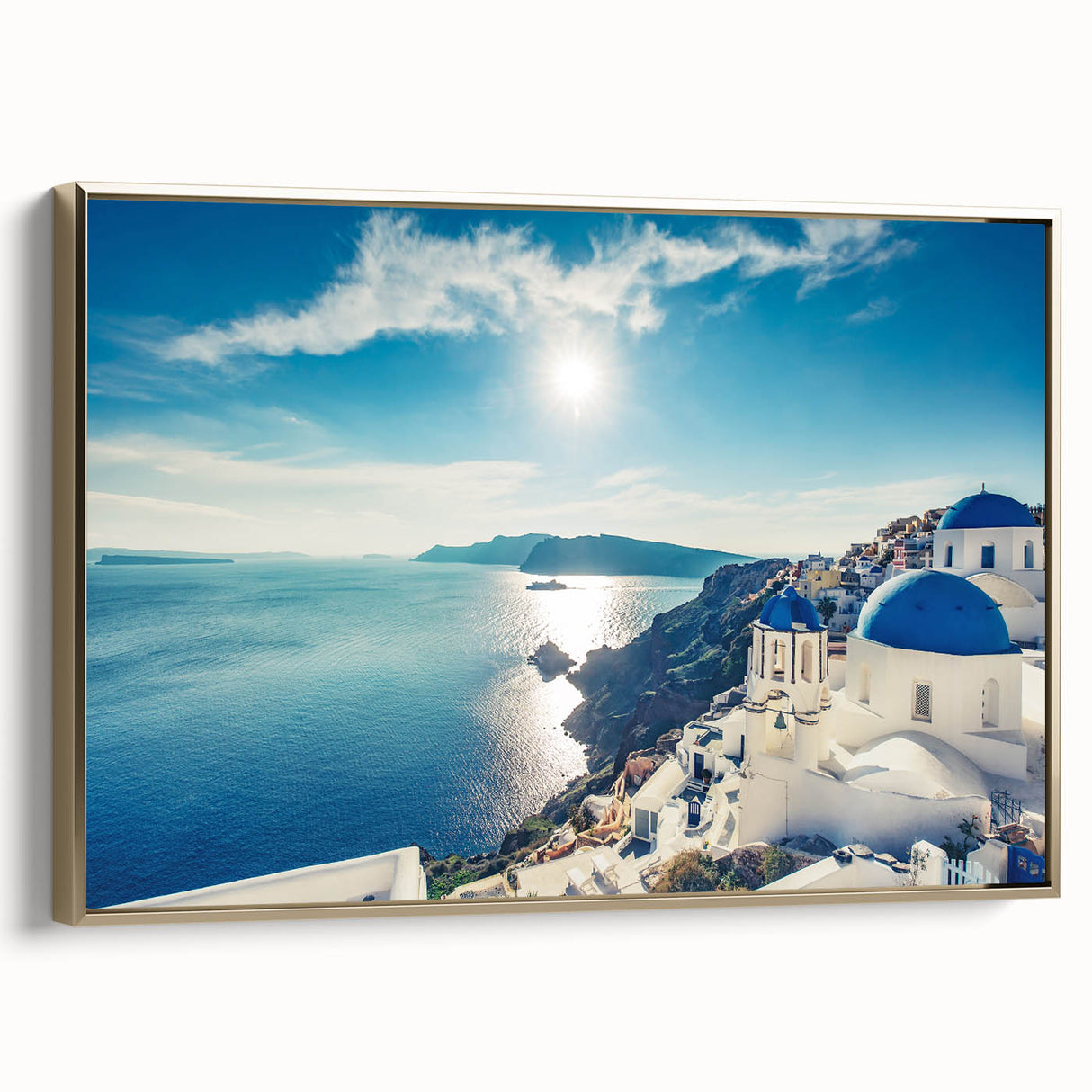 Framed canvas depicting a vintage-style Greek landscape in muted gold and black tones, ideal for bedroom wall decor.