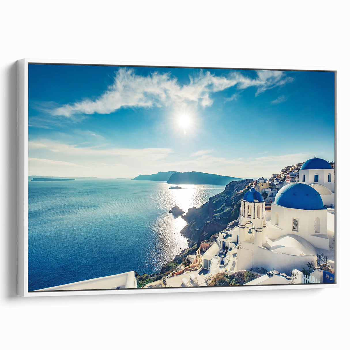Vintage poster art of a scenic Greek landscape on a framed canvas, featuring vibrant colors, ideal for living room decor.
