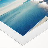 Art deco poster of a European Greek scenery in muted earth tones on rolled canvas, suitable for dining room decor.