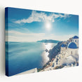 Scenic Greek landscape on large stretched canvas, featuring muted blue and white tones, ideal for kitchen wall art.