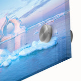 Large abstract wall art depicting a Greenlandic landscape in muted greens and blues on acrylic glass.