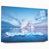 Large abstract depiction of Greenland scenery in muted green and blue tones on acrylic glass.