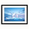 Extra large abstract art print featuring colorful, textured scenery of Greenland, in a black frame with mat.