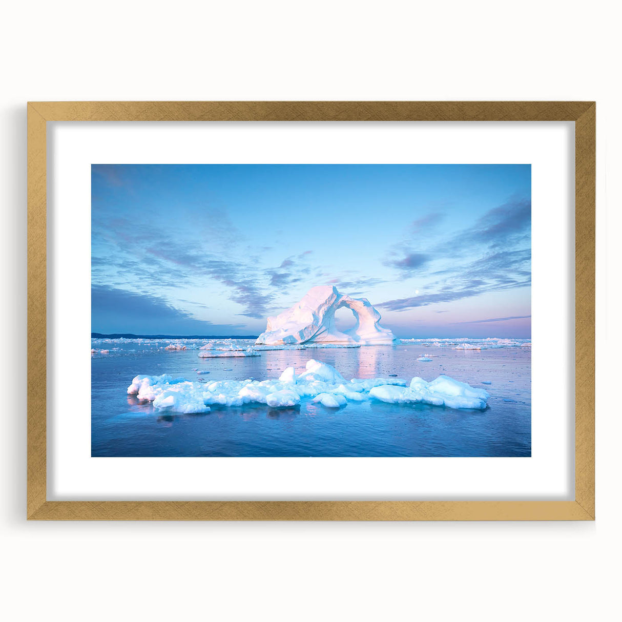 Abstract art print featuring a minimalist Greenland landscape in muted green and blue tones, framed in gold.