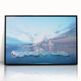 Large abstract wall art depicting a Greenlandic landscape in muted green and blue hues, framed in black acrylic.