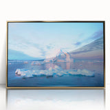 Art deco poster of a Greenland scenery in muted green and gold tones on framed acrylic, ideal for modern art wall decor.
