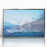 Framed acrylic print of a Greenlandic landscape in muted green and blue tones, ideal for modern art wall decor.