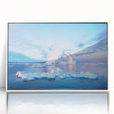 Mid-century modernist art of Greenland scenery on a white-framed acrylic print, with muted green and blue tones.