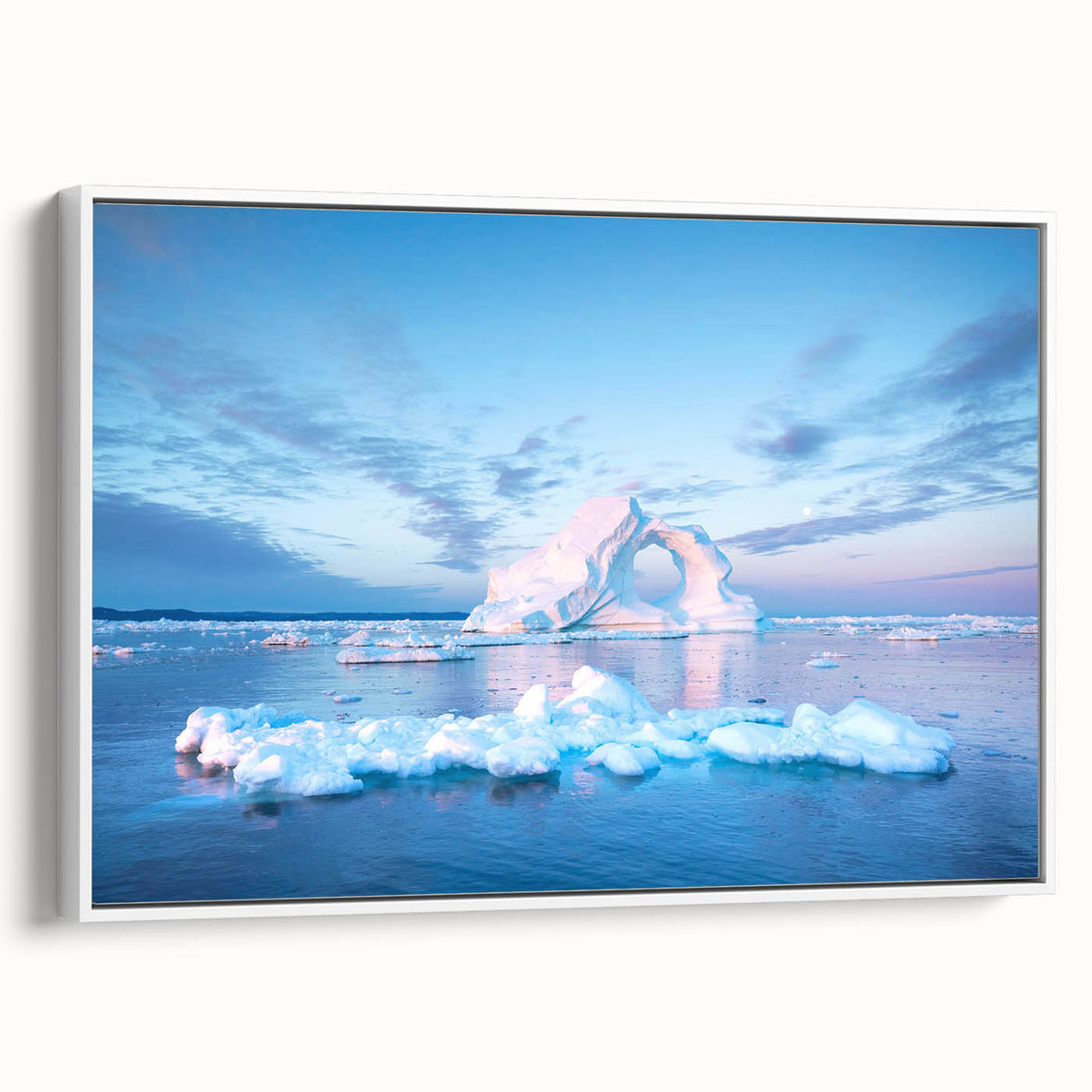 Vintage poster art of a Greenland scenery on framed canvas, featuring vibrant green and blue tones.