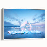 Vintage poster art of a Greenland scenery on framed canvas, featuring vibrant green and blue tones.