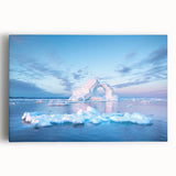 Black and white photograph of a serene Greenland landscape on stretched canvas, suitable as kitchen wall art.