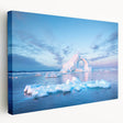 Large art depicting a serene Greenland landscape on stretched canvas, in muted green and blue tones.