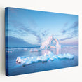 Large art depicting a serene Greenland landscape on stretched canvas, in muted green and blue tones.