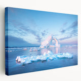 Large art depicting a serene Greenland landscape on stretched canvas, in muted green and blue tones.