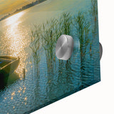 Large abstract wall art featuring a mid-century modernist design of a European scenery in muted earth tones on acrylic glass.