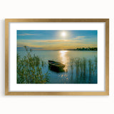 Abstract art print of a European scenery in muted gold and green tones, framed with a mat, suitable for dining room decor.