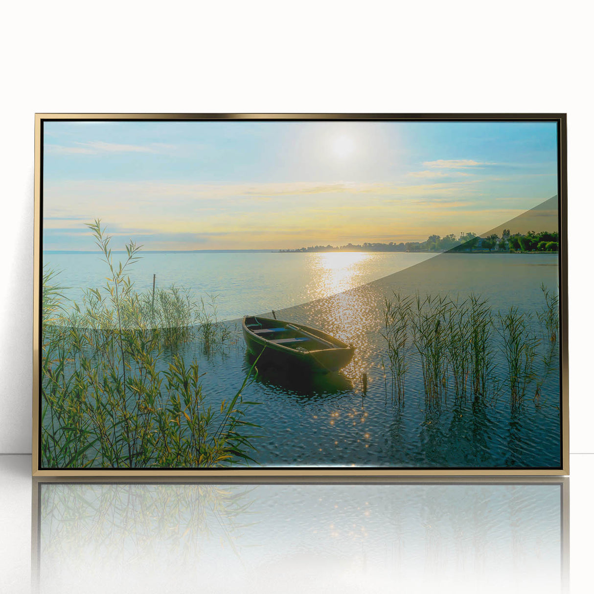 Art deco poster of a European scenery in Hungary featuring muted gold and blue tones on a framed acrylic.