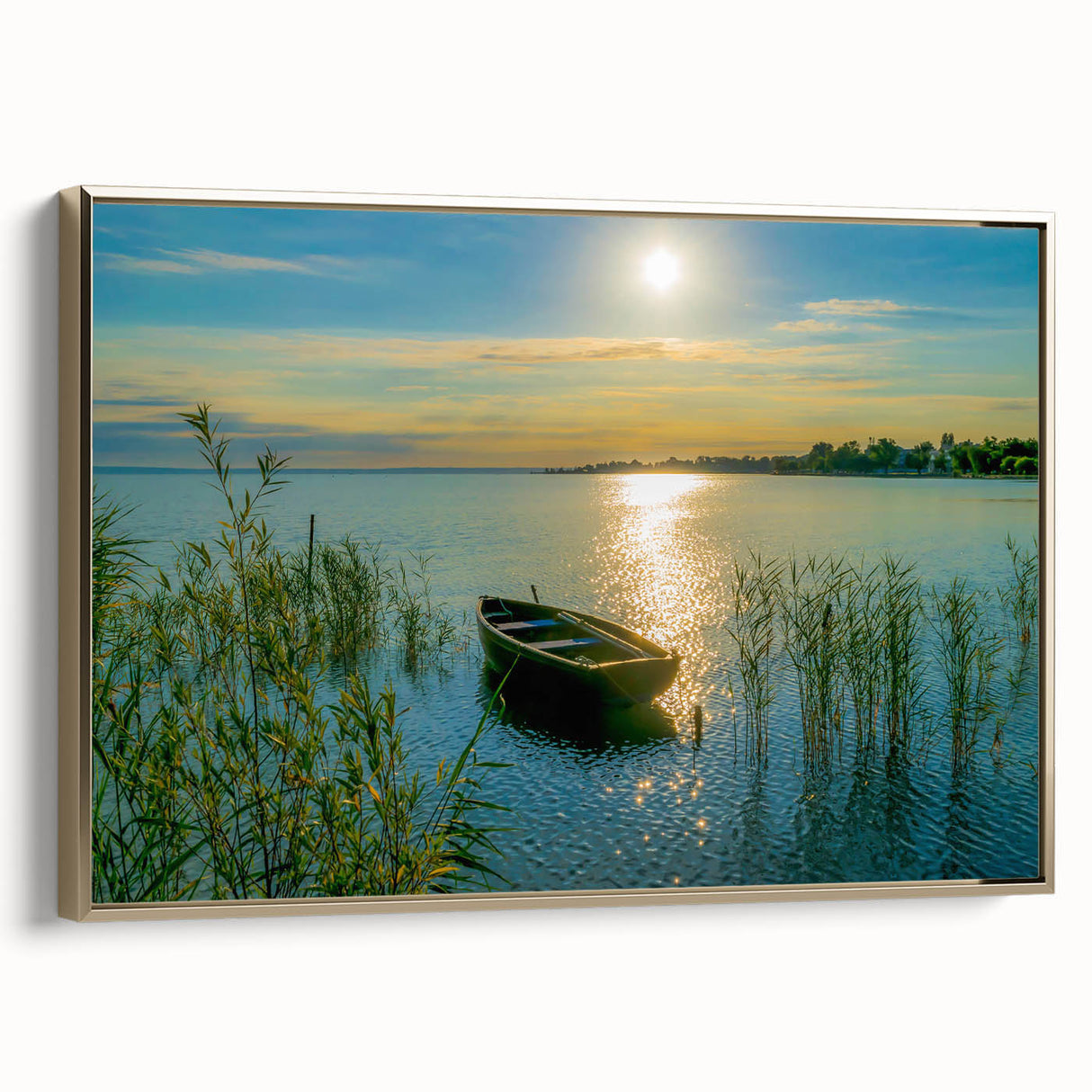 Framed canvas of a vintage landscape painting featuring a Hungarian scenery in muted gold and black tones.