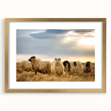 Abstract art print depicting a serene Icelandic landscape in cool blue and gray tones, framed in gold.