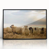 Large abstract wall art depicting a serene Icelandic landscape in muted blue and green tones, framed in black acrylic.