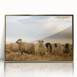 Acrylic print of a serene Icelandic landscape in muted earth tones, framed in gold, suitable for modern art wall decor.