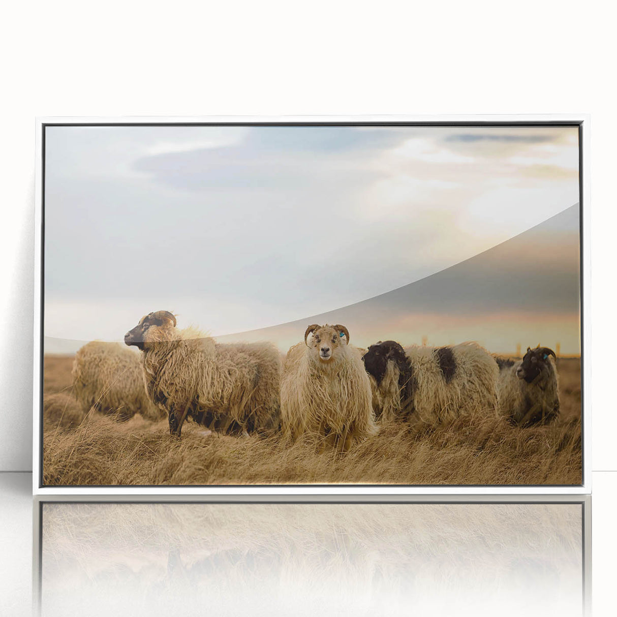 Mid-century modernist art depicting a serene Iceland landscape in cool blue and white tones, framed acrylic.