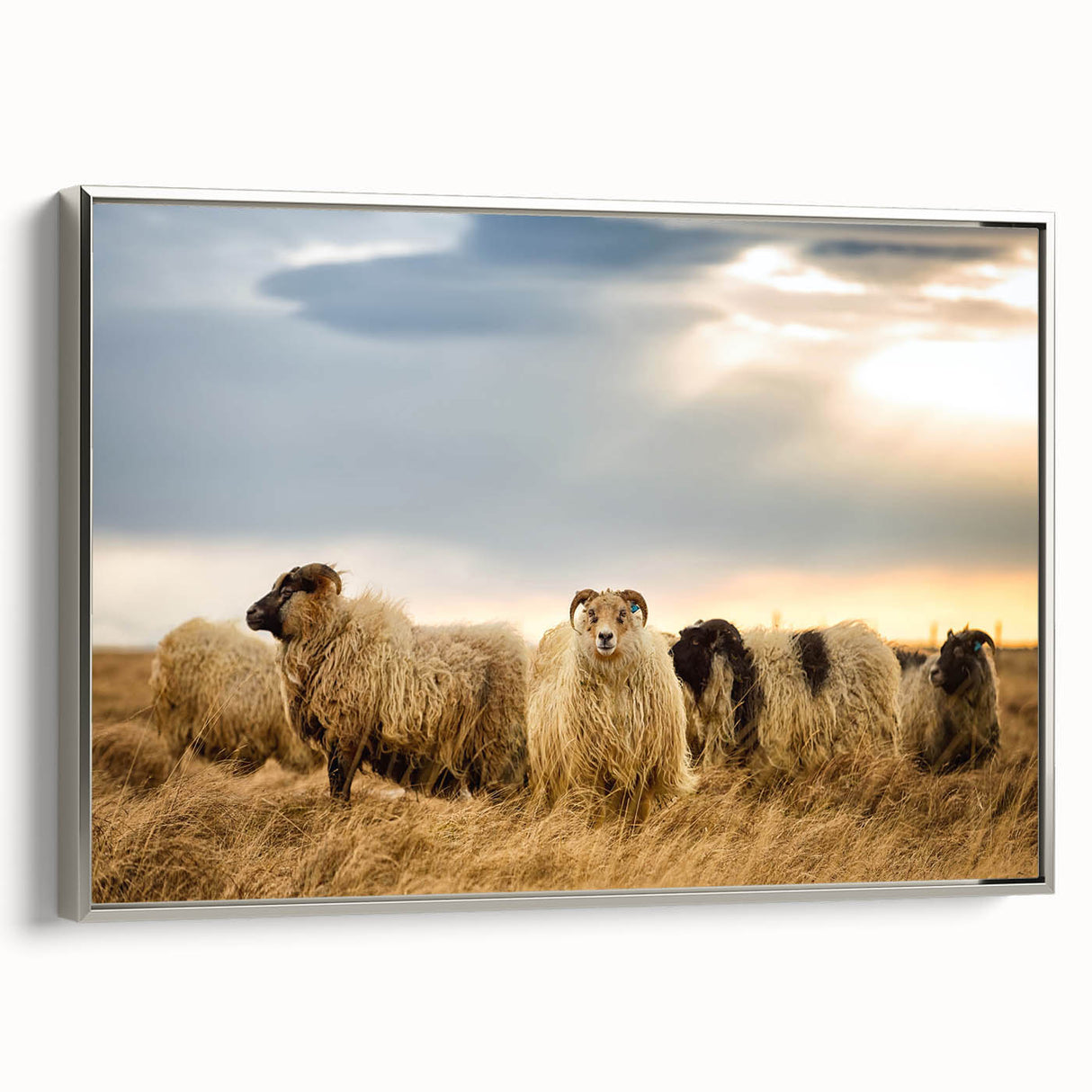 Landscape art painting of a serene Icelandic scenery on a framed canvas, featuring muted earth tones.