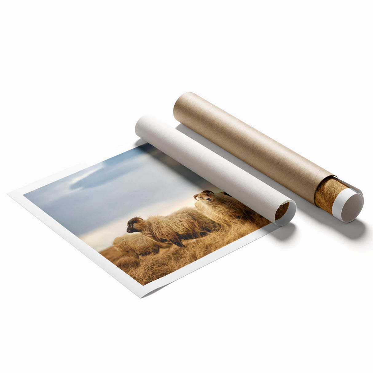 Rolled print of a serene Icelandic landscape with muted earth tones, ideal for classy bathroom wall art.