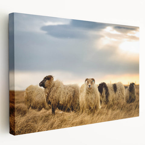 Landscape painting of Iceland on stretched canvas, featuring muted blue and green tones, ideal for kitchen wall art.