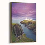 Framed canvas landscape art of an Irish scenery in muted green and gold, ideal for bedroom wall art.