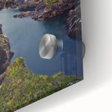 Large abstract wall art of a European scenery in Ireland, depicted in muted green and blue tones on acrylic glass.