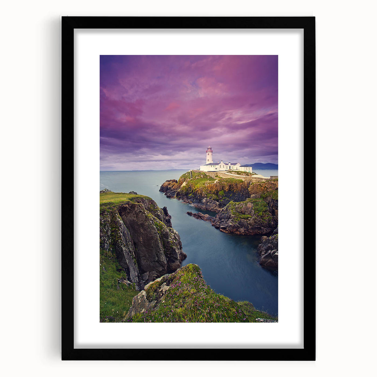Extra large abstract art print of a vibrant, colorful Irish landscape on textured canvas, framed in black.