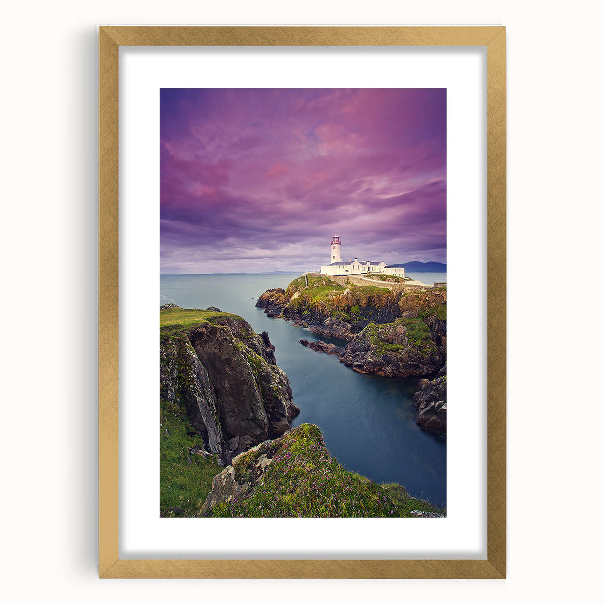 Extra large wall art featuring abstract art prints of a textured Irish landscape in muted green and brown, framed in gold.