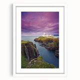 Abstract art print of an Irish landscape in muted green and blue tones, framed in white, ideal for dining room decor.