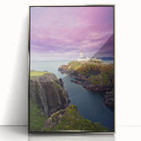 Mid-century modernist art depicting a serene Irish landscape in soft green and blue tones, framed in silver acrylic.