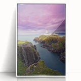 Art Deco style poster of an Irish landscape, framed in white acrylic, featuring soft green and blue tones.