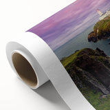 Art deco poster of a scenic Ireland landscape on rolled canvas, with soft green and blue tones, ideal for nursery wall art.