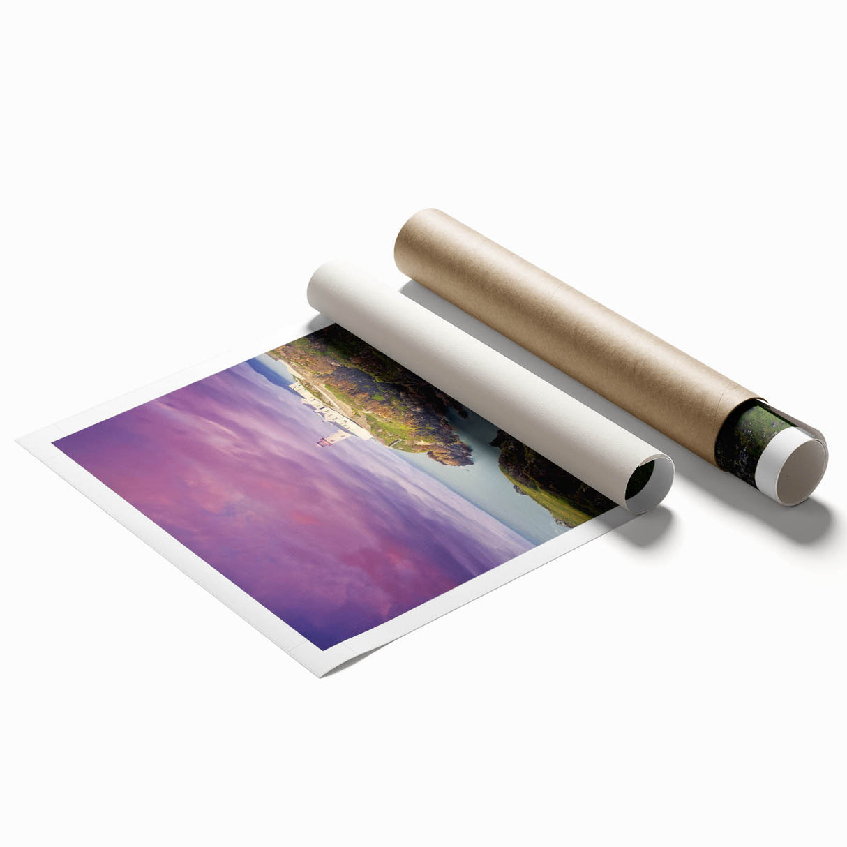 Rolled print of a serene Irish landscape with lush green fields and vibrant blue skies, ideal for large living room wall art.